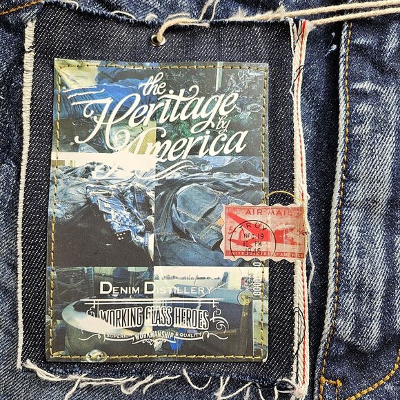 Heritage by America blue denim gold paint splatter NWT Denim Distillery 38X34 - Picture 10 of 11